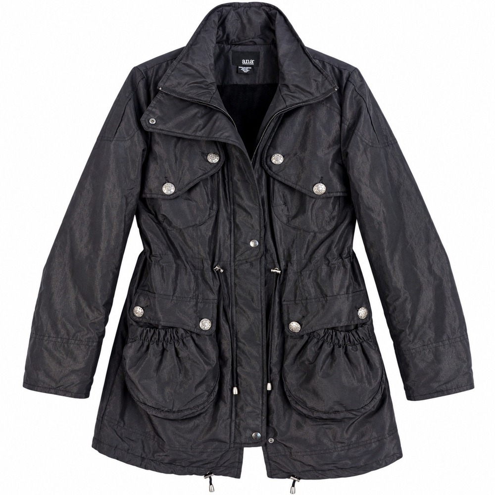 A.N.A. A New Approach Black Utility Anorak Jacket Quilted Faux Fur Lining Medium